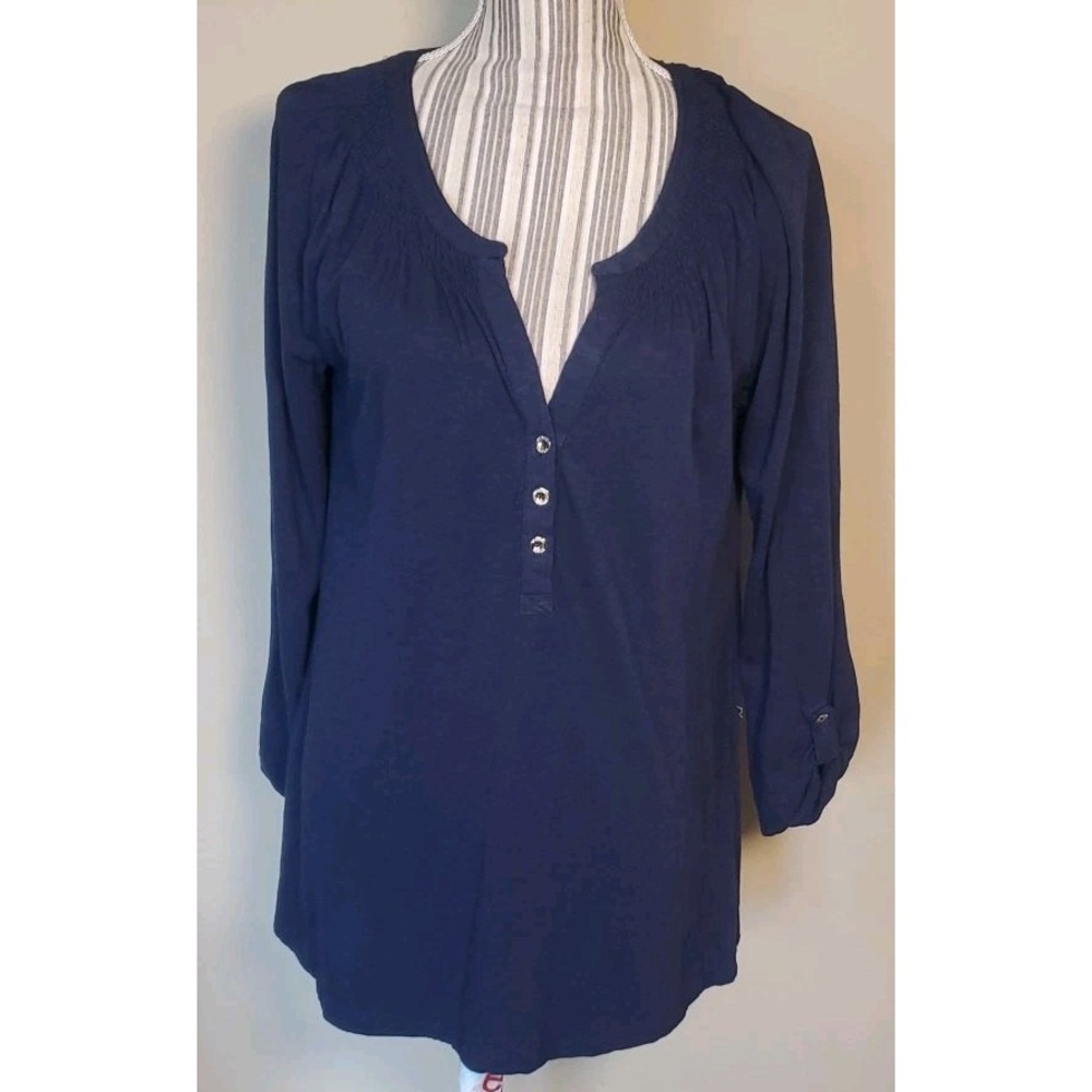 Lilly Pulitzer Sz‎ M Navy Blue Smocked Popover Tunic Cotton Shirt Longsleeve Top